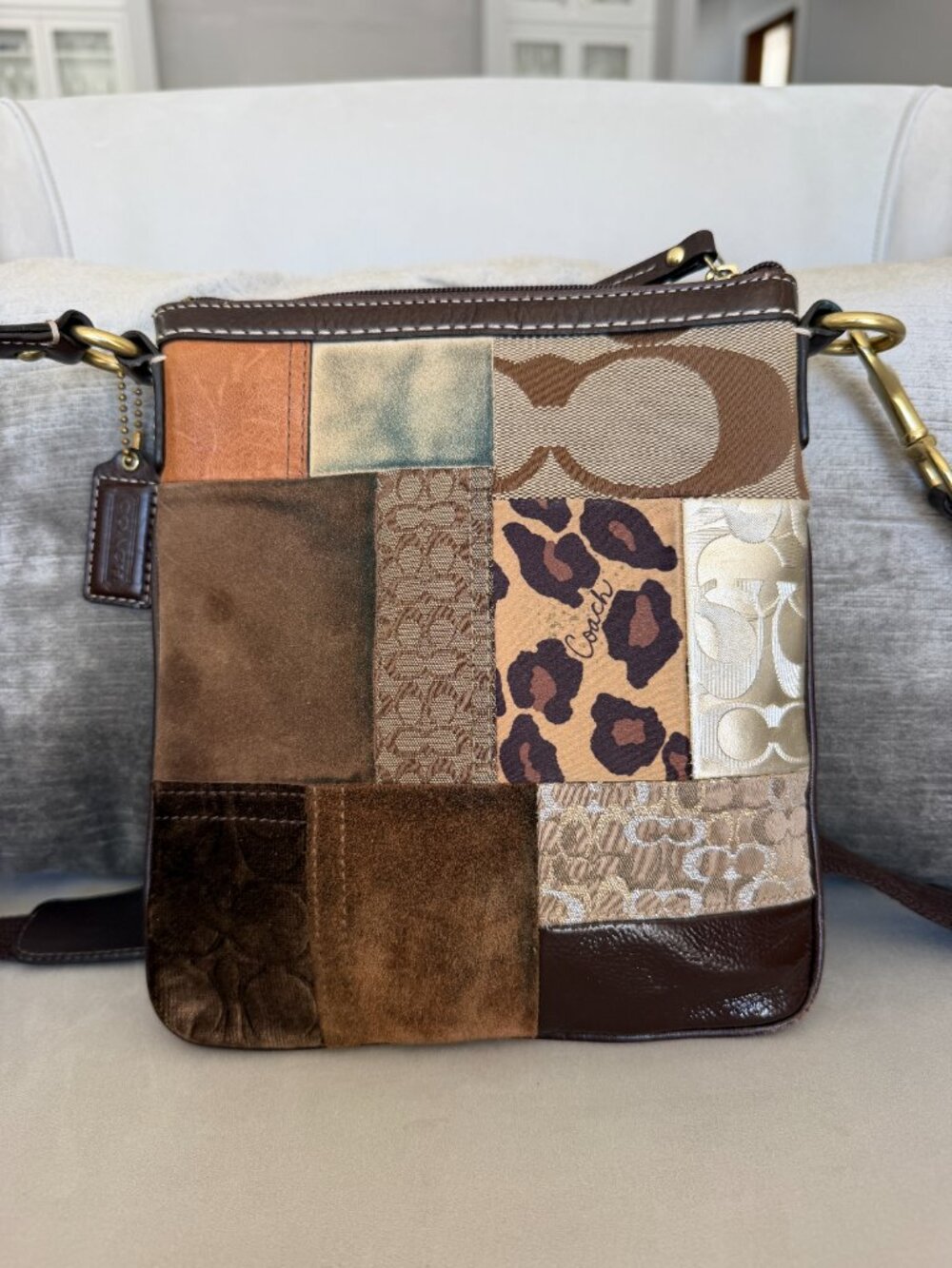 Vintage Coach Patchwork Swingpack Crossbody Bag Brown Multi Leopard - Picture 2 of 7
